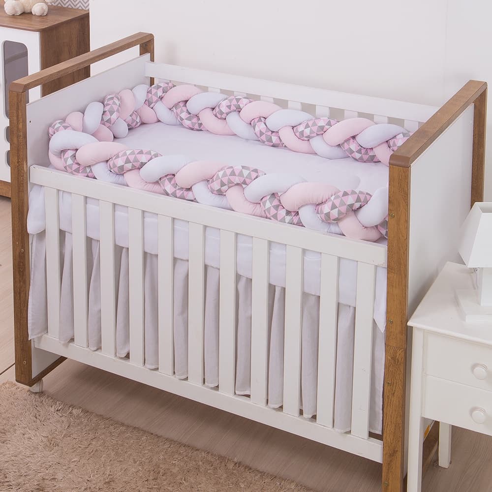 Protetor para Berço e Cama Infantil  Trança 04 Metros Triângulos Rosa