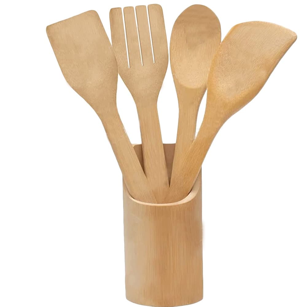 Conjunto Utensílios Madeira Bambu Espátula Colher Cozinha Culinária Porta Talheres Servir Preparar