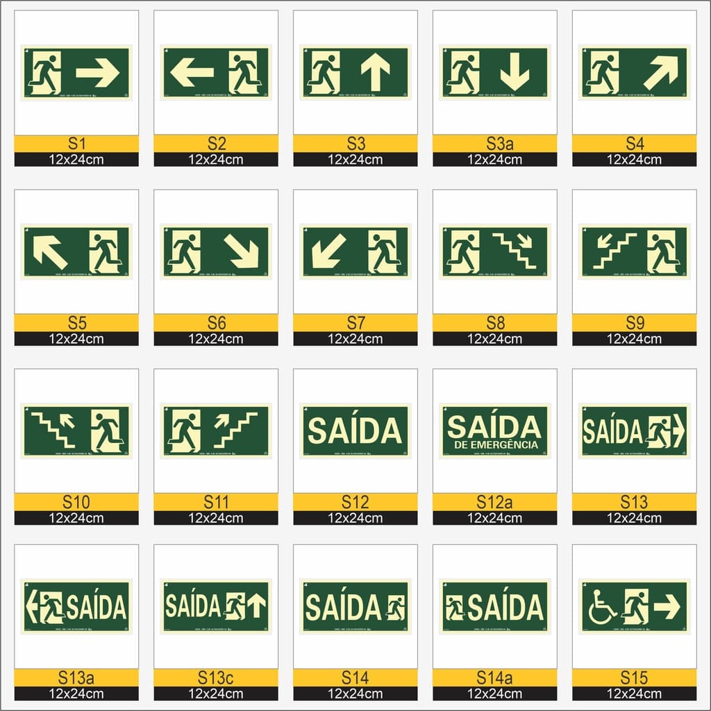 Kit 10 Placas de Sinalização de Emergência Fotoluminescente Antichamas
