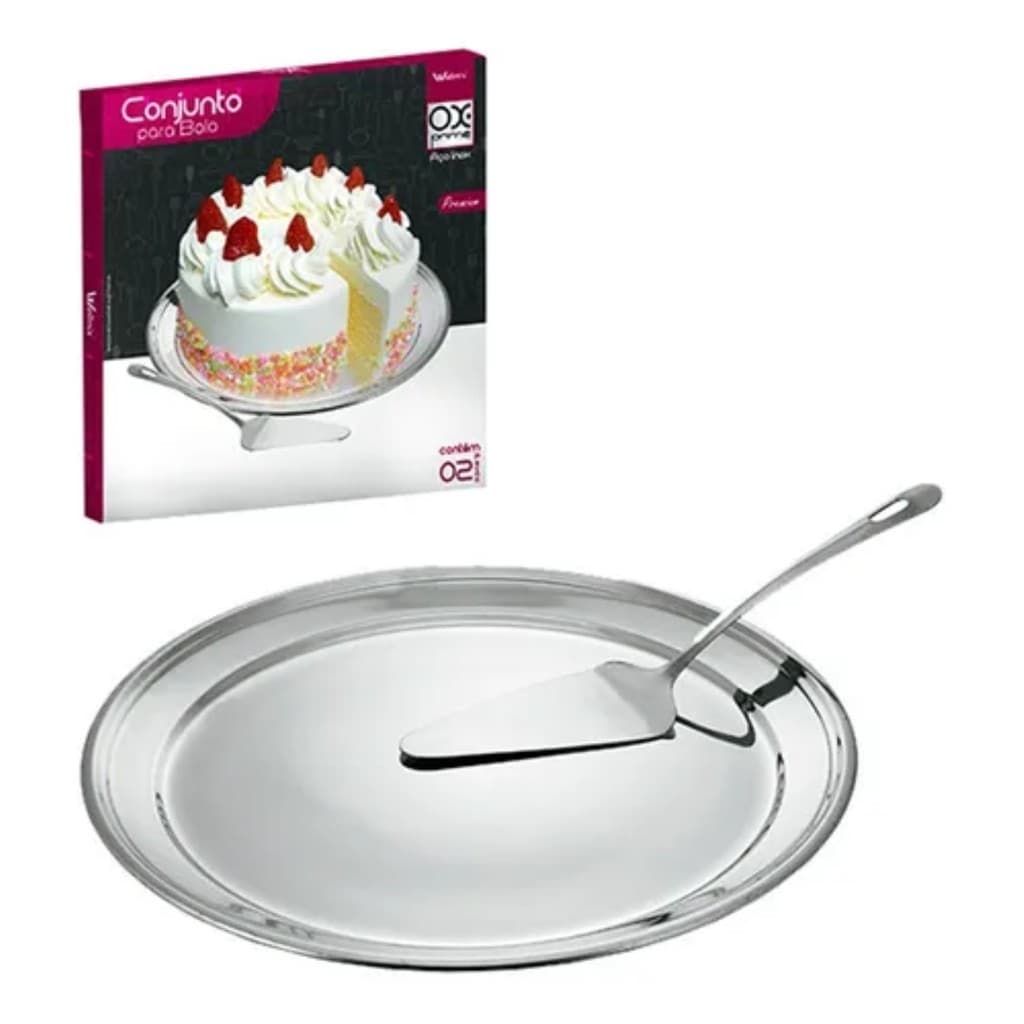 Conjunto Kit Prato e Espátula em Inox para Bolos Doces Tortas