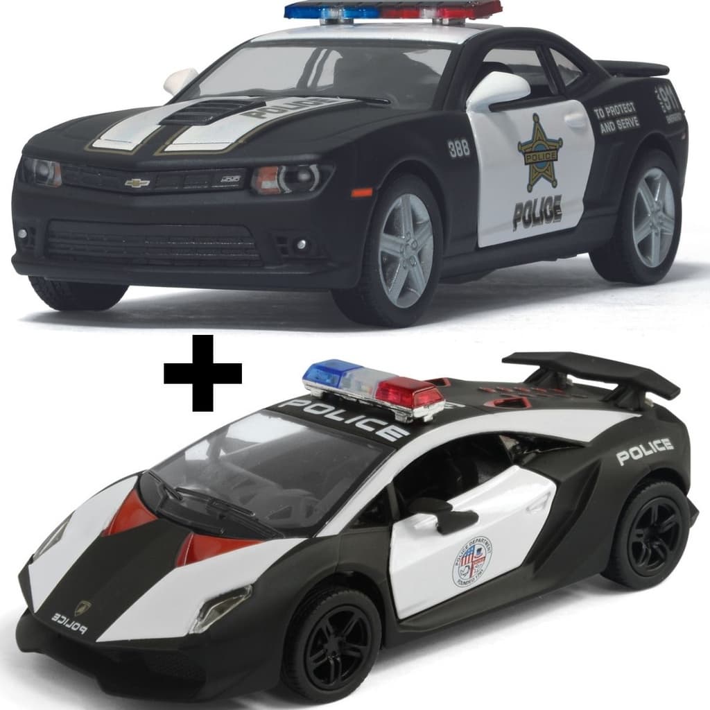 Kit 2 Carrinho De Coleção Da Policia Viatura Policial De Ferro Lamborghini + Camaro Kinsmart 12 Cm Colecionável