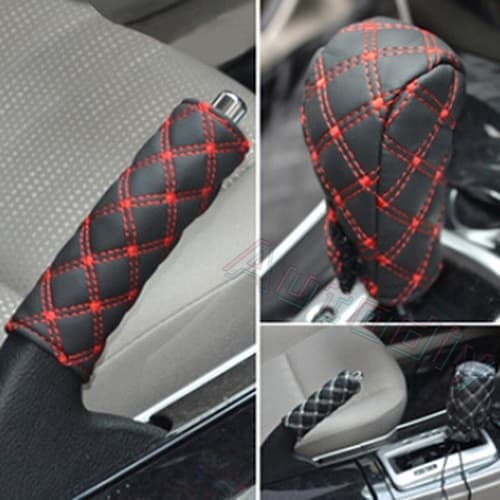 Capa De Couro Sintético Para Câmbio De Carro / Capa De Freio De Mão 2 Em 1 | Car Faux Leather Gear Shift Knob Cover Hand Brake Cover Sleeve 2 in 1 Set