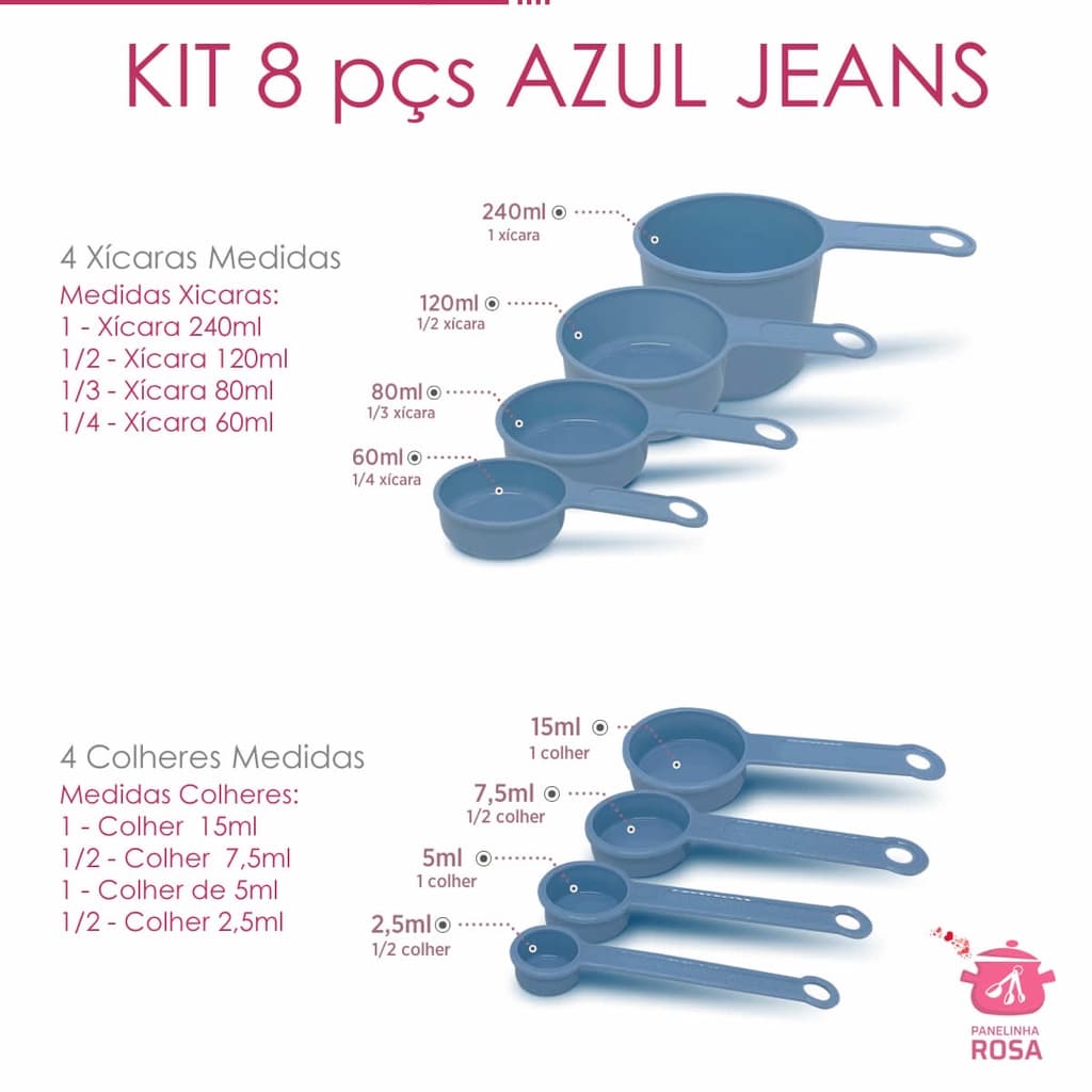kit medida e Medidores xicaras e colheres azul  - 8 peças