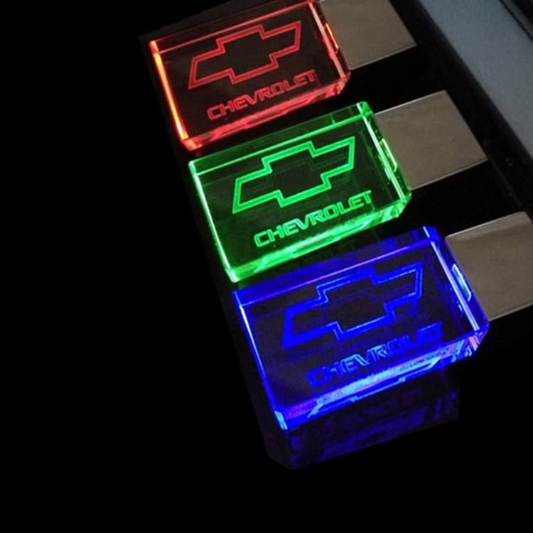 (Em Estoque) Cristal De Vidro Led Iluminação Chevrolet Logotipo Do Carro Usb 2.0 Flash Drive Gb 16 8gb Gb 64 32gb De Memória Pen Drive De Disko