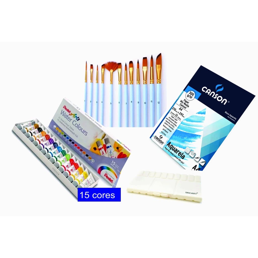 Kit Aquarela Pentel + Pincel + Bloco Papel e Gode