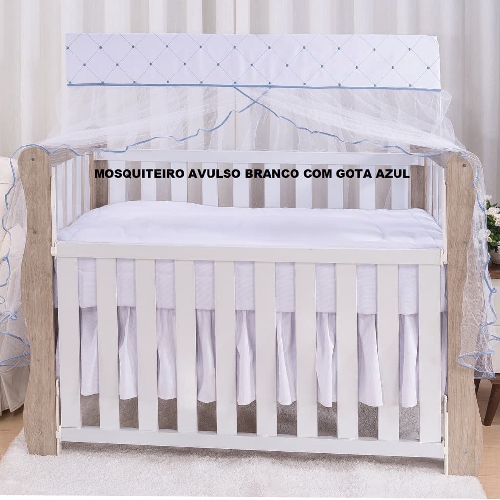 Mosquiteiro Para Berço Americano Branco Com Gota Azul - Tule + Bando