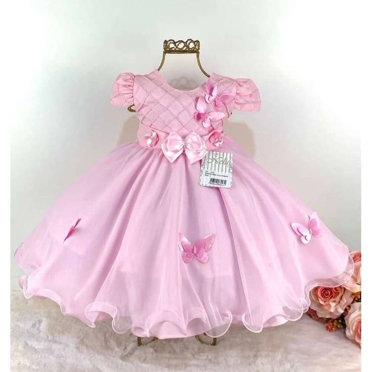 Vestido infantil luxo jardim encantado borboletas e flores rosa 1 aninho