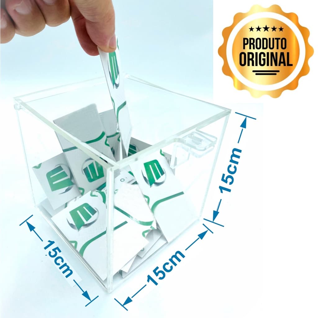 Urna Acrílica Transparente 15x15cm  Cadeado para Sorteios Cupons Sugestões Eventos Lojas Escritórios