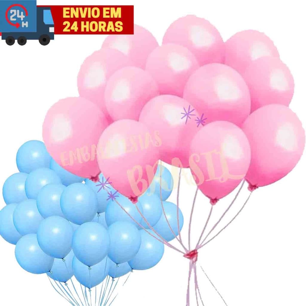 KIT 100 Unidades Balão Bexiga Rosa e Azul Latex Lisa Para Decoração Festa Eventos Aniversario