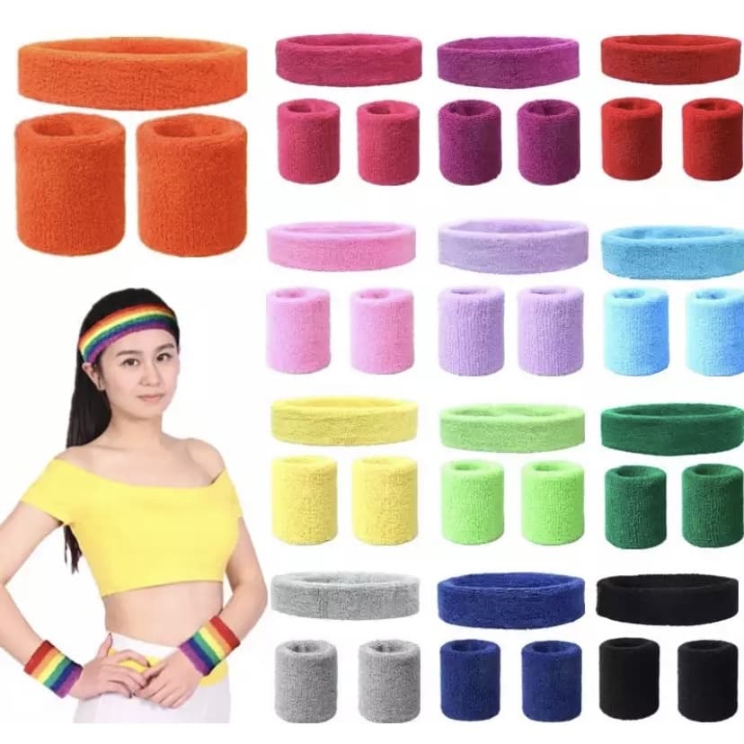 Kit de Faixa de Cabeça + 2 Munhequeiras Atoalhadas DIVERSAS CORES