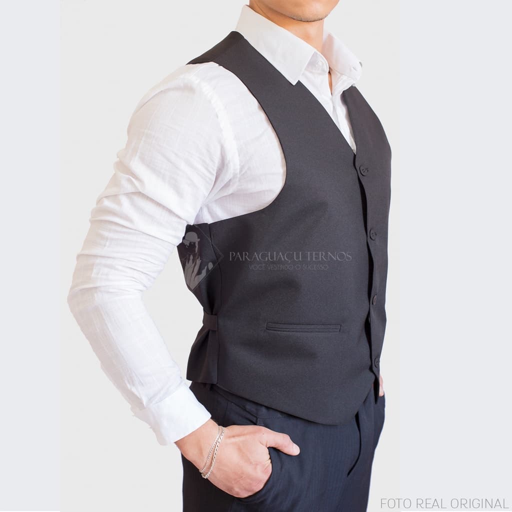Colete Social Slim Masculino Preto C\Italiano com 4 Botões - Regulável nas Costas