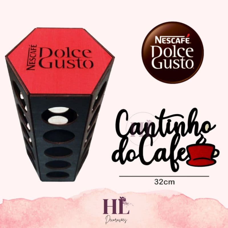 Porta Cápsulas DOLCE GUSTO FRASE PRETO tampa VERMELHA café torre sextavada mdf 30 cápsulas Frase