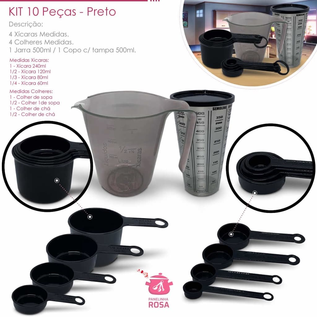 kit medidores 10 peças jarra de 500 ml copo de 500 ml com tampa xicara e colher  na cor preta casa, cozinha