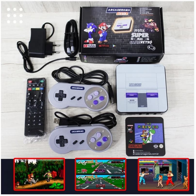 Game retrô + 2 controles Super Nintendo 2000 jogos