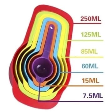Conjunto Kit Colheres Xicaras De Medida 6 Peças medida- 250ml,125ml,85ml,60ml,15ml,7ml TOP RIO