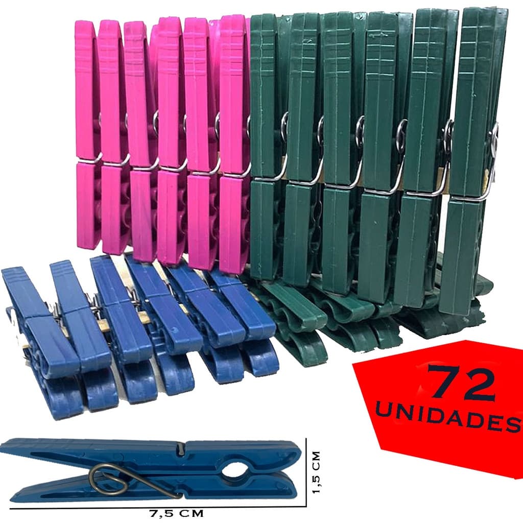 Prendedor De Roupa Plástico Varal Kit 72 Unidades Diversas Cores