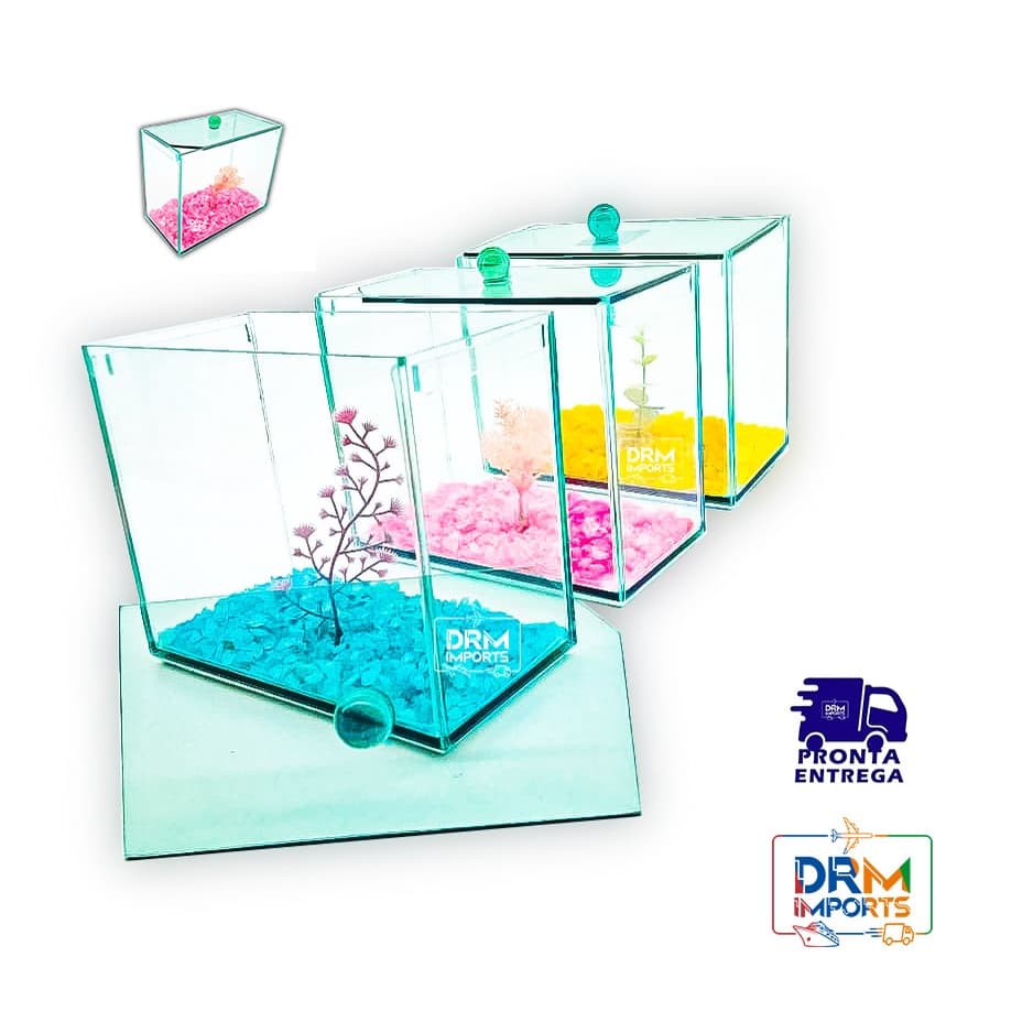 Aquário Beteira Tubular 17x9x14 Decorado Peixes Betta Planta