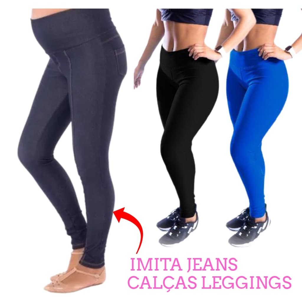 Calça Legging Feminina Gestante Imita Jeans Grávida