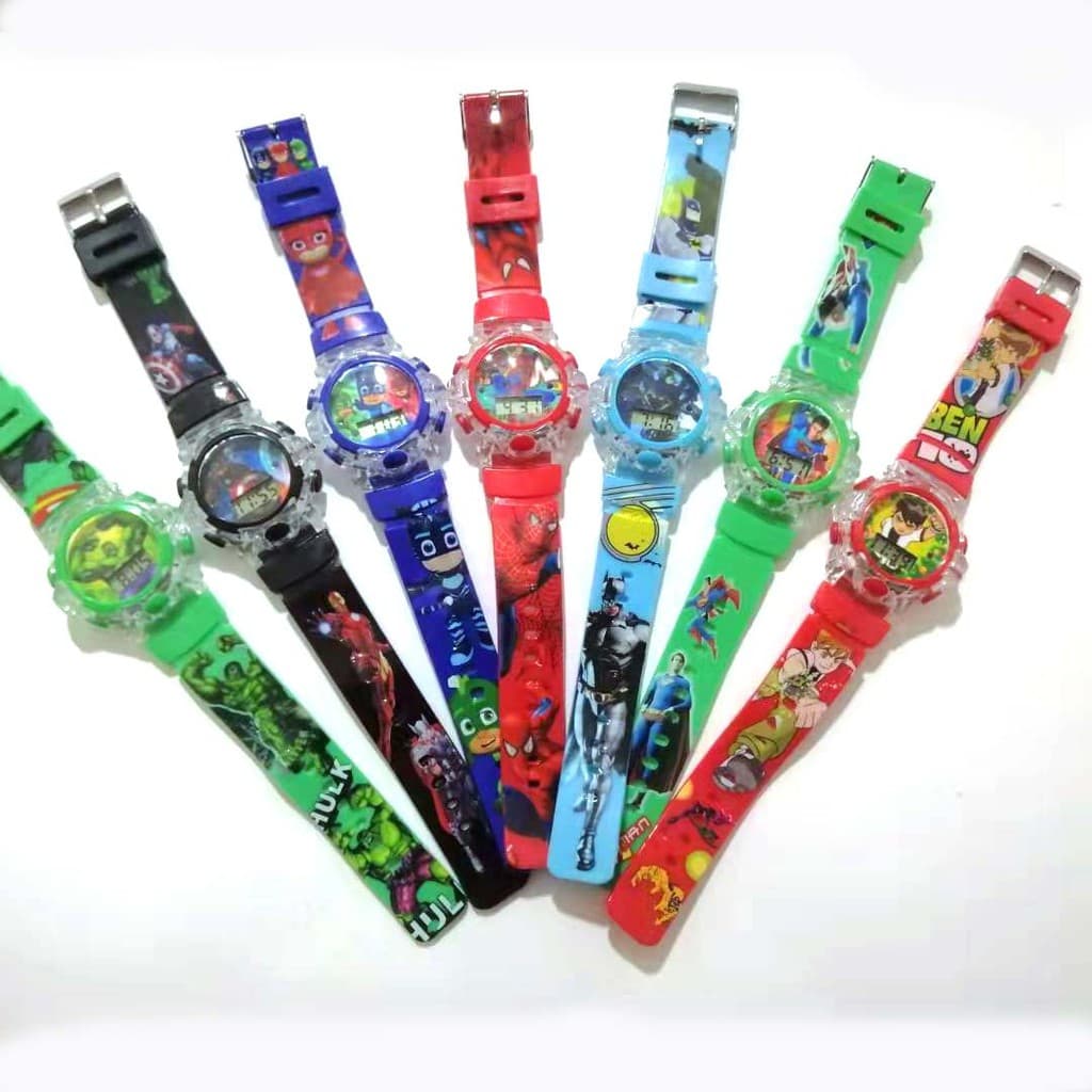 Menino infantil criativo música 3D e relógio eletrônico de iluminação, padrão de impressão de tira vários personagens