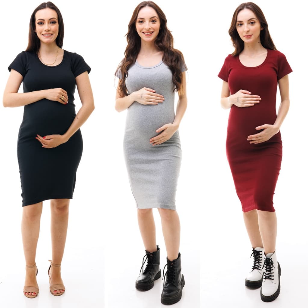 Kit com 3 Vestido Gestante Manga Curta