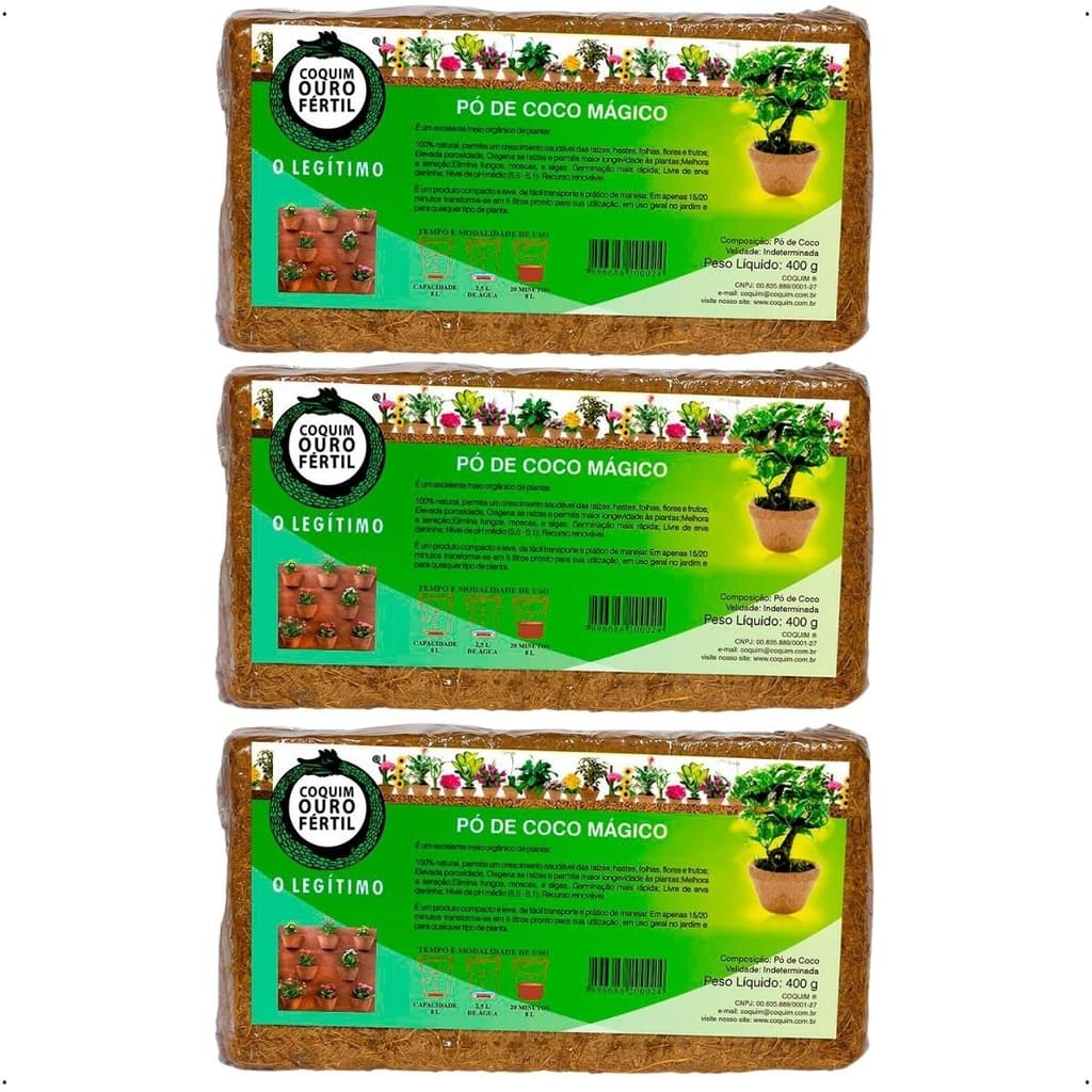 3 Pó De Coco Magico Natural Orgânico 400g - Coquim Adubo