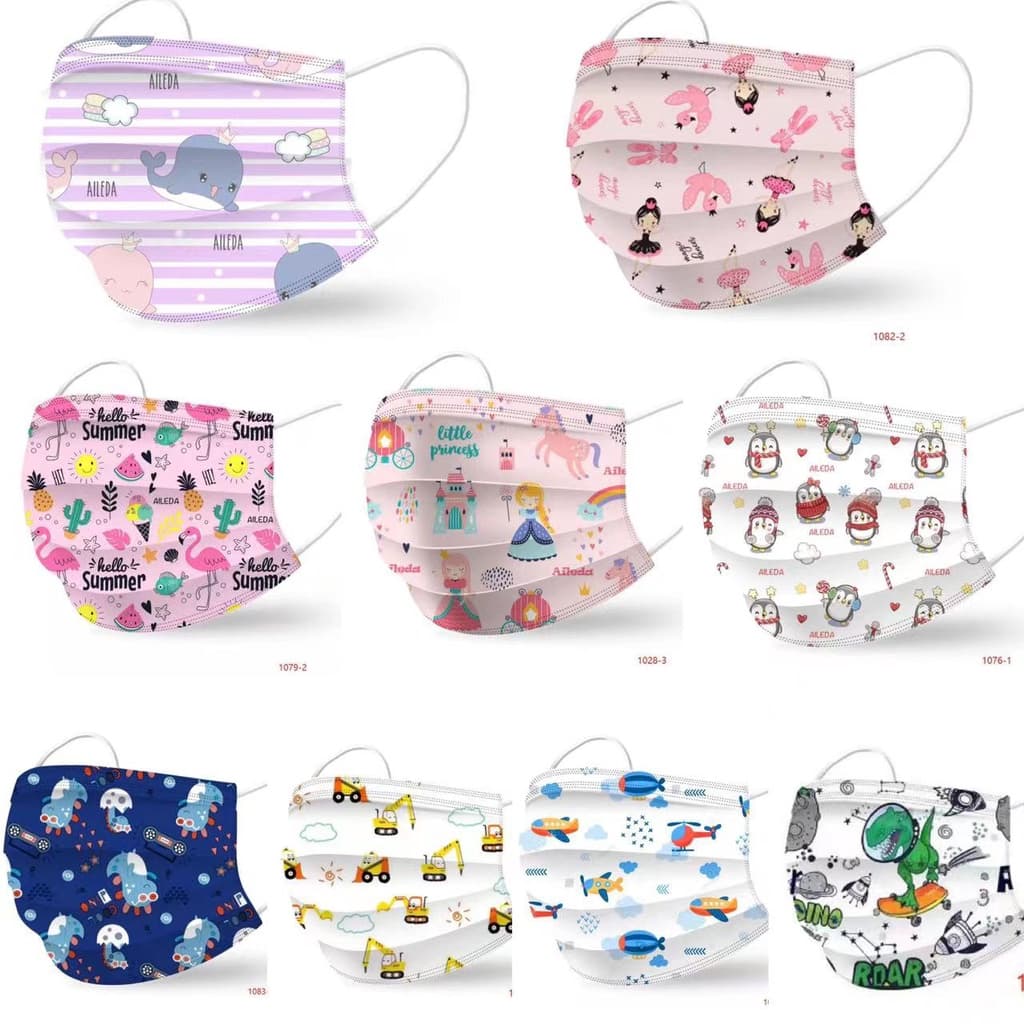 KIT 50 Máscaras Faciais Infantis Estampas Unissex Menino Menina Proteção Respirável 3 Camadas