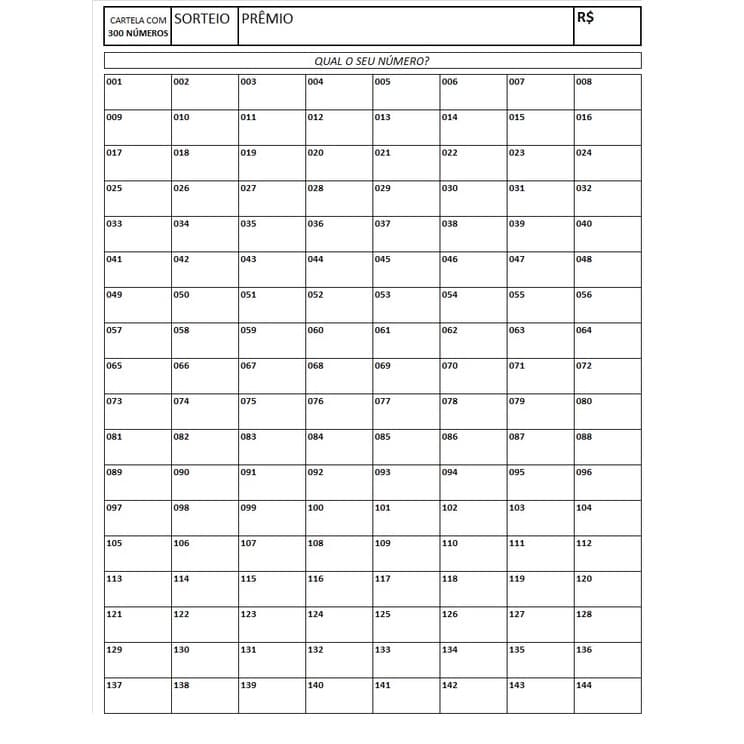 Cartela de rifa com 300 números