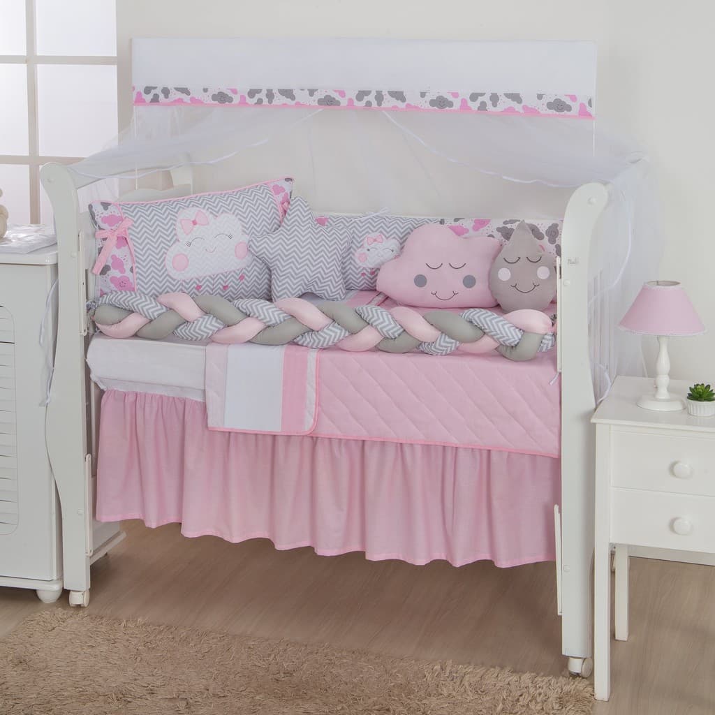 Kit Protetor Berço 12pç Doce Céu Nuvem Menina Rosa C/ Saia