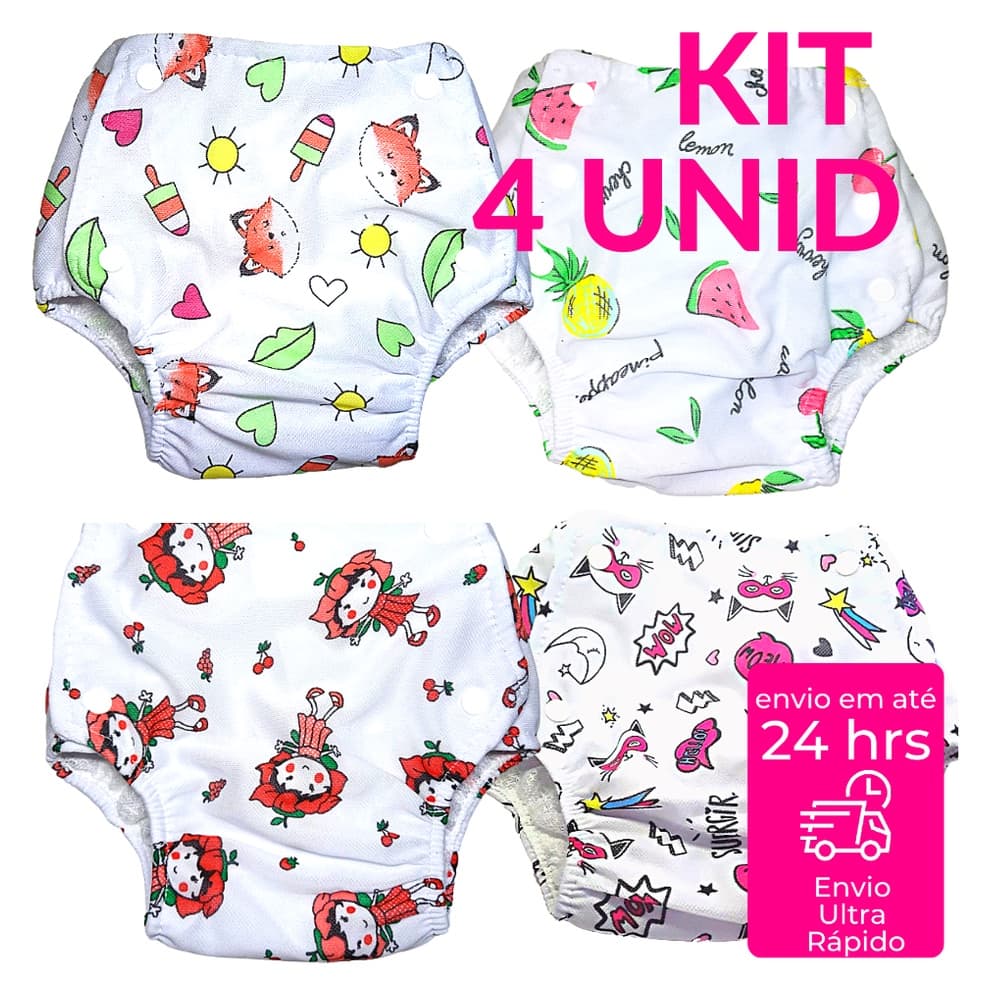 4 Fralda Plástica Calça Enxuta Reutilizável Ecológica Estampada Transição para Bebê Infantil Desfralde