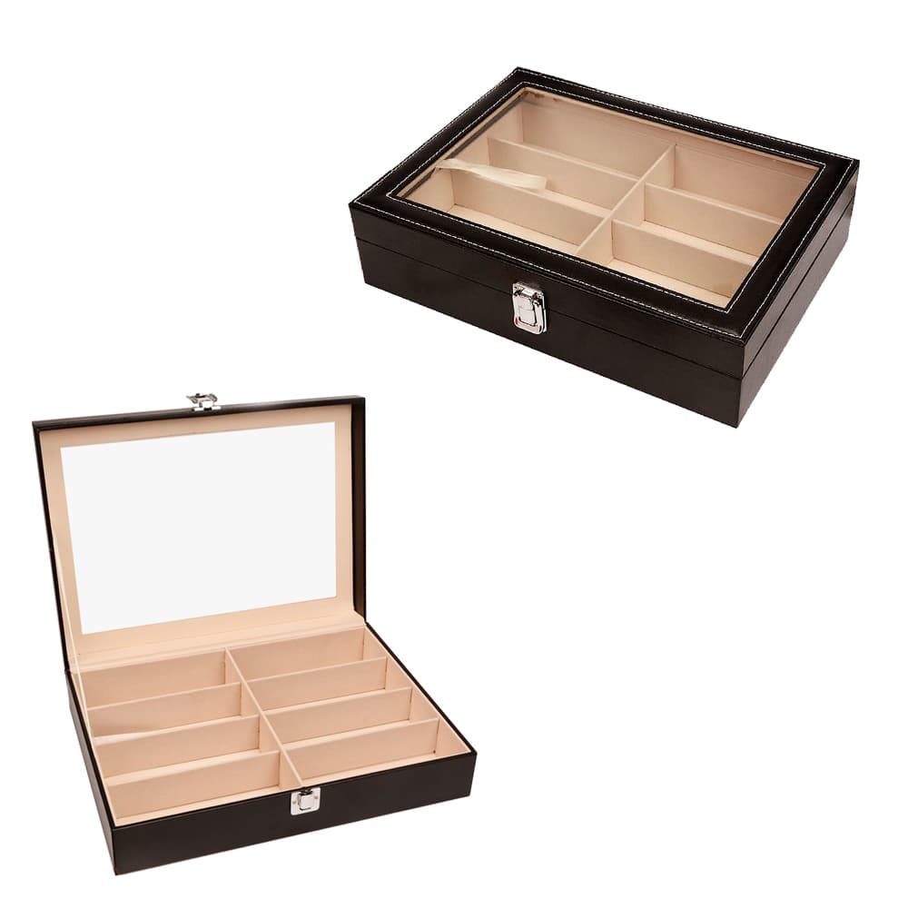 Estojo Maleta Caixa Organizador 8 Óculos Cadeado Couro Eco