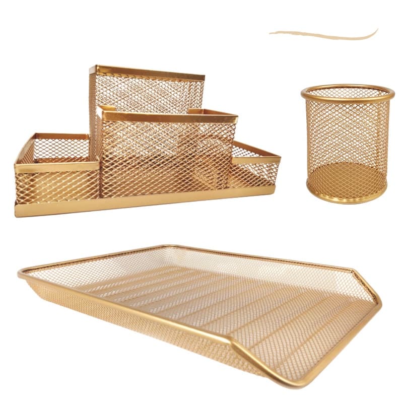Kit Escritório Porta Caneta, Organizador de Mesa, Bandeja Organizadora Dourado
