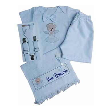 Kit Roupa Batizado Bebê Menino Suspensório Branco + Toalha