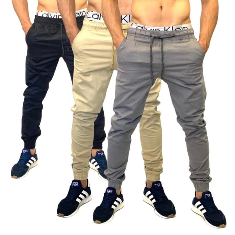 Kit 3 Calças Jogger Sarja e Jeans Masculina Com LYCRA Camuflada Jeans e Preta Com Elástico e Cordão