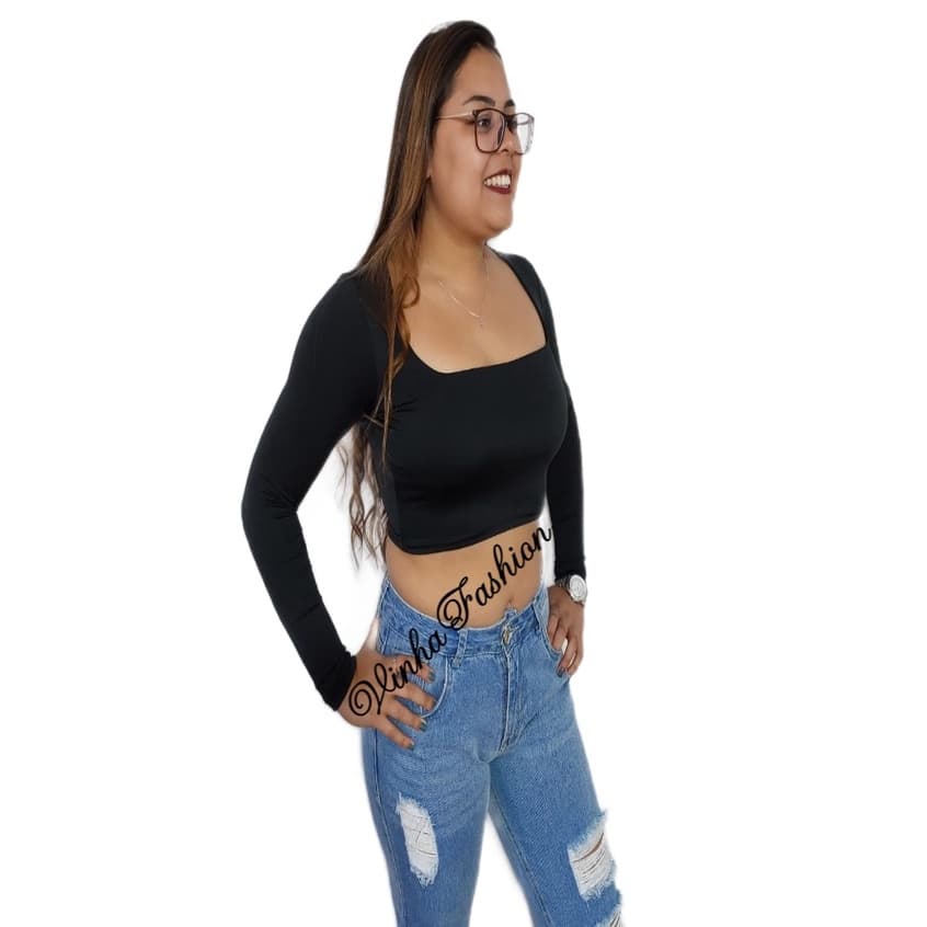 Cropped Decote Quadradinho com Forro  Manga Longa Em Suplex