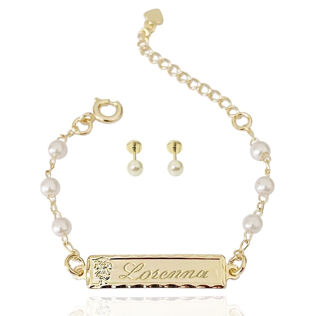 Kit Brinco e Pulseira Infantil Bebe Criança Gravação do Nome Folheado a Ouro 18k