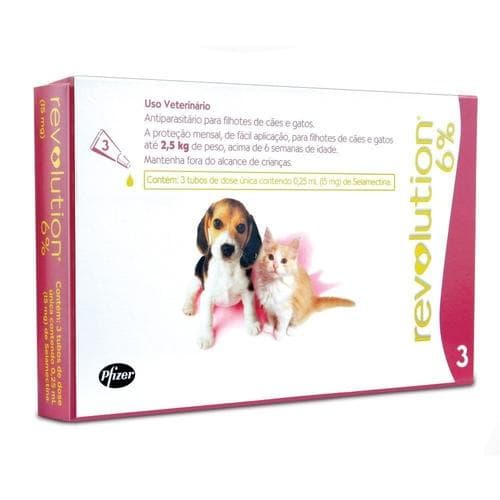 Antipulgas e Carrapatos Revolution 6% Cães e Gatos de até 2,5kg com 3 Pipetas