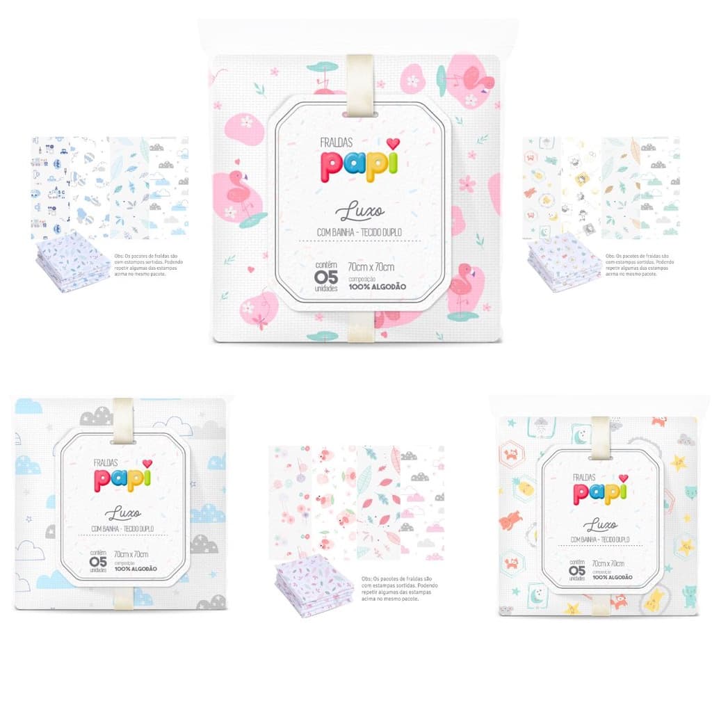 FRALDA DE PANO LUXO C/ BAINHA TECIDO DUPLO PAPI ESTAMPADA KIT C/5UN -100%ALGODAO P/BEBÊ