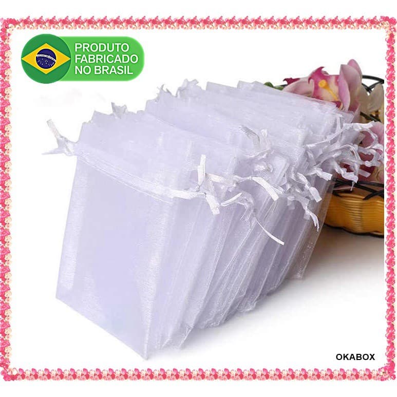 400 Saquinho de organza branco 9x12 fita cetim