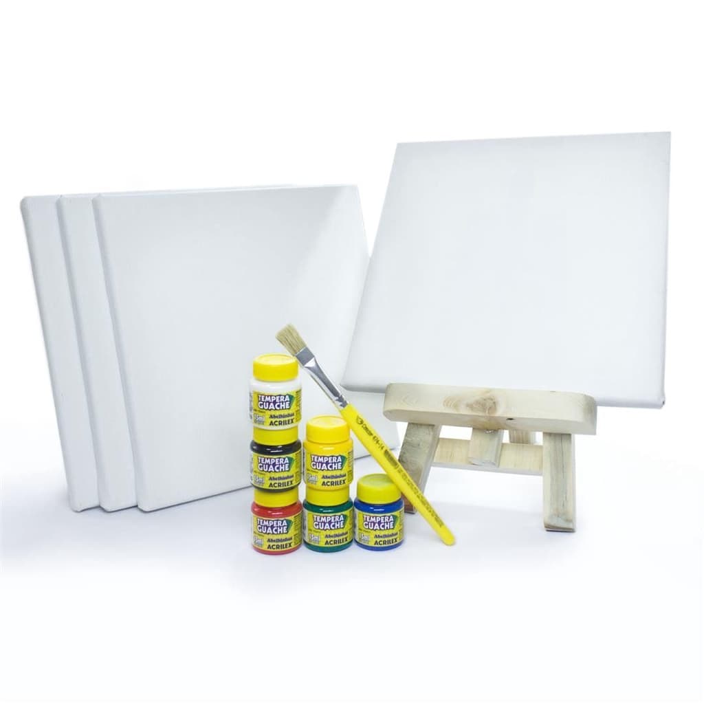 Kit 4 Telas Pintura 20x20 Mini Cavalete 6 Tintas e Pincel