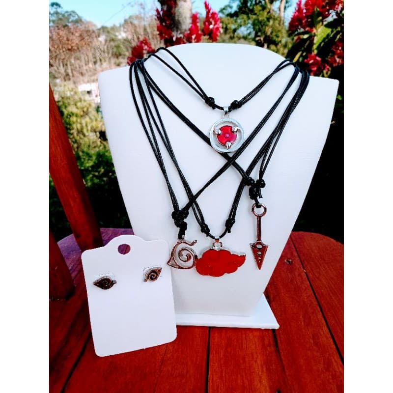 Kit de colares Naruto + brinco KONOHA (Colar KONOHA, Nuvem de Akatsuki, Kunai 4 furos, Sharingan)