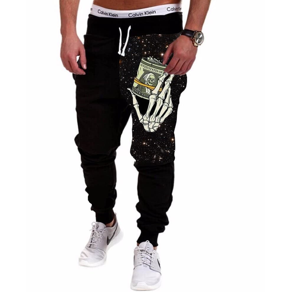 Calça Masculina de Moletom Estampada por Sublimação Mão de Caveira Money Fundo Galáxia A213