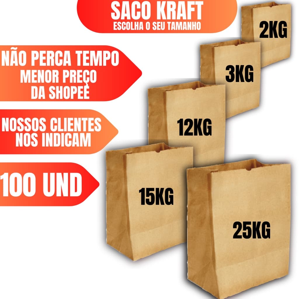 Saco Kraft Embalagem Para Delivery com 100 Unidades