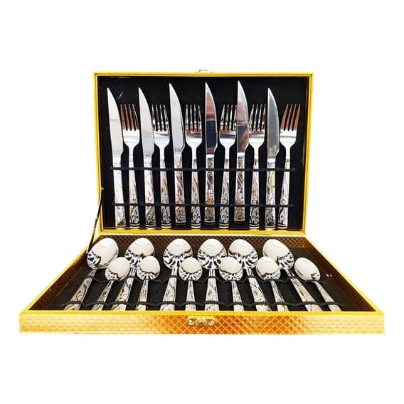 Kit Faqueiro Maleta De Talheres Inox 24 Peças Com Dourado