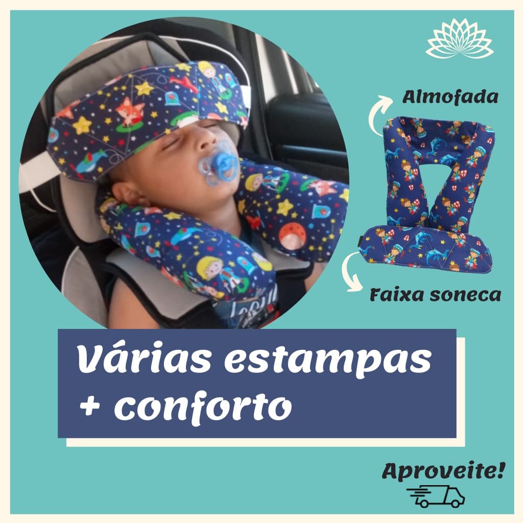 Kit faixa soneca + almofada de pescoço infantil em tecido 100%  algodão cadeirinha carro assento elevatório
