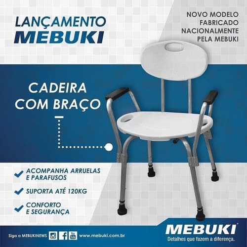 Cadeira de Banho P/ Banheiro com Encosto e Braço Mebuki Banqueta Box.