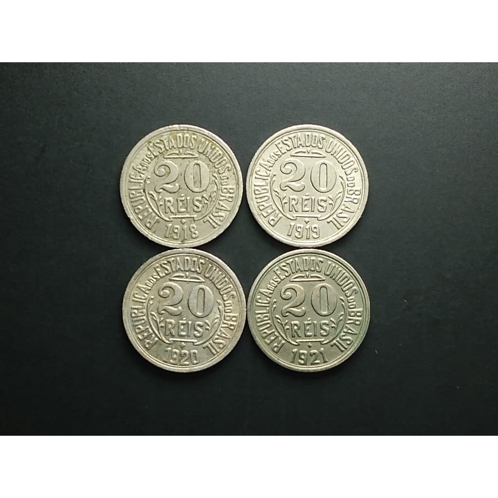Moedas de 20 réis de 1918, 1919, 1920 e 1921, MBC/Sob, circuladas mas em muito bom estado de conservação, cupro níquel
