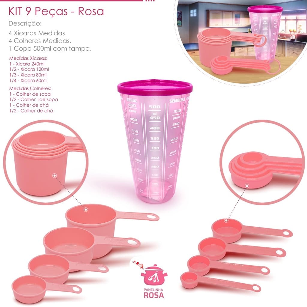 kit medidores 9 peças copo de 500 ml com tampa xicara e colheres rosa casa cozinha