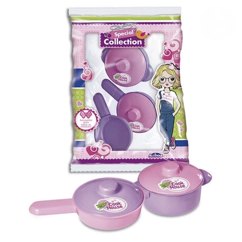 Panelinha de brinquedos com 5 pecas - 3 panelas e 2 tampas