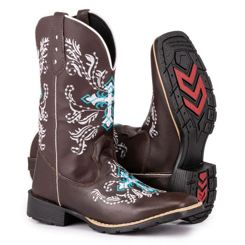 Bota Texana Country Feminina  Cruz Espelhada Azul Bico Quadrado