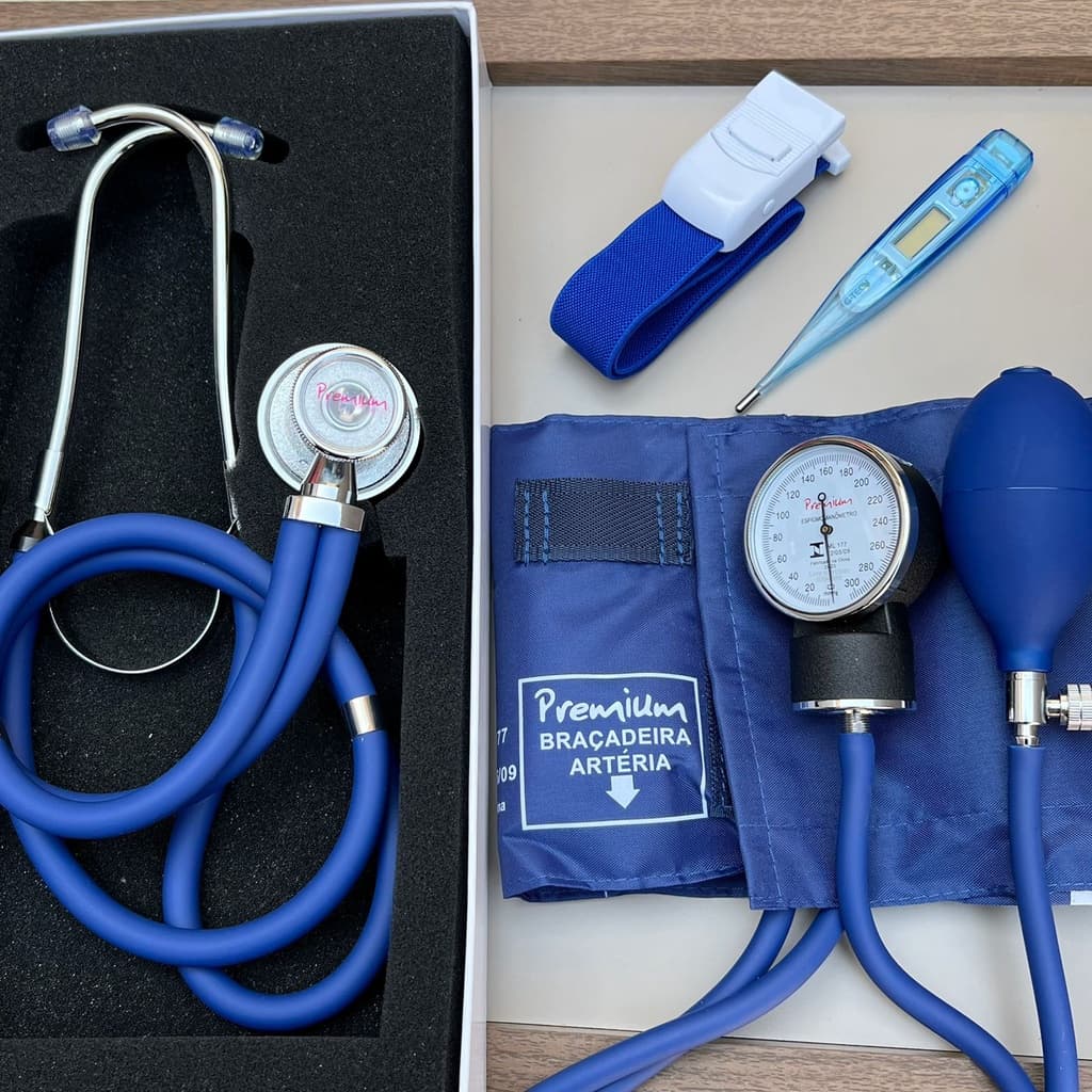 Kit Enfermagem Azul Esteto Rappaport Esfigmo Garrote e Termômetro
